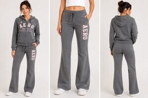 New Aeropostale Zip Hoodie Flare Sweatpants Lounge Set Gray Pink Size Small